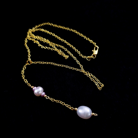Y necklace real pearls drop pendant genuine pearls 18k GP chain white cream - Picture 7 of 13